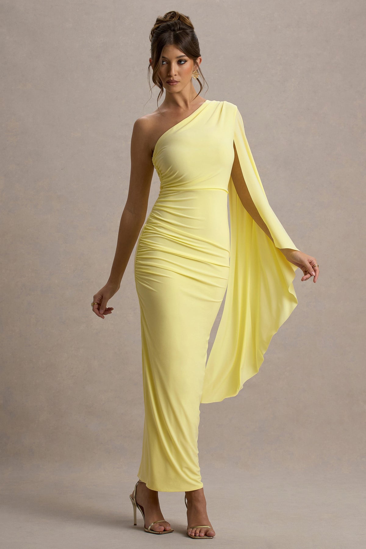 Clementina | Lemon Asymmetric Cape Sleeve Maxi Dress