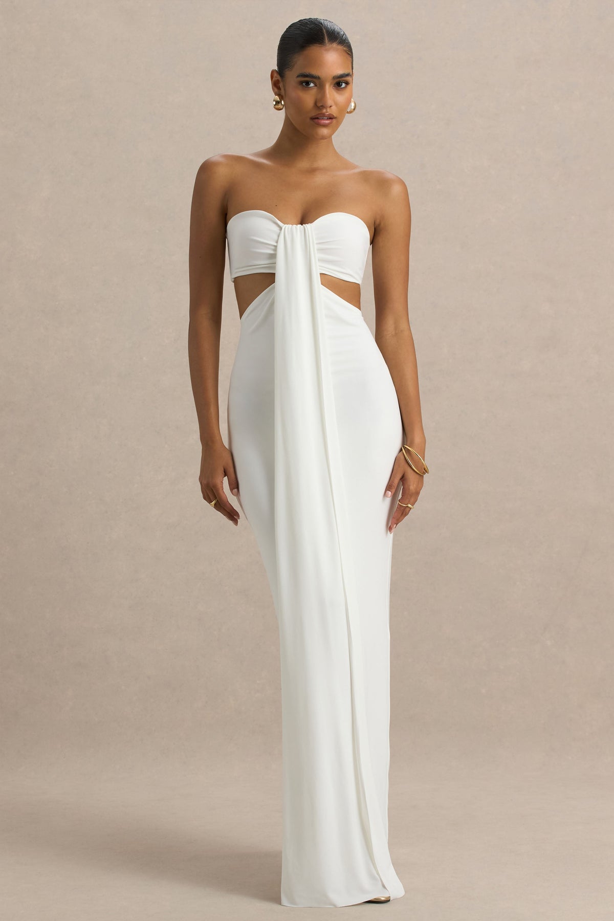Elixir | Cream Sweetheart-Neck Maxi Dress with Cut-Out Details