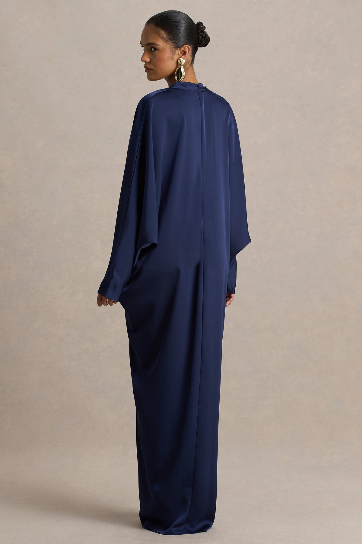 Tina | Navy Satin Plunge-Neck Embellished Maxi Dress