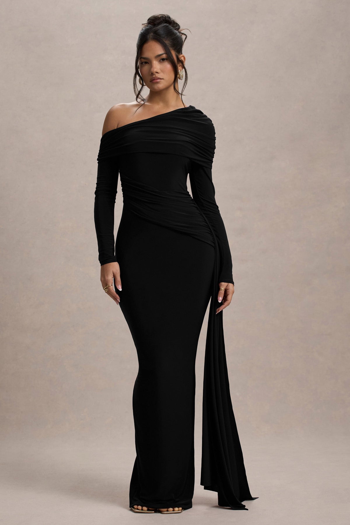Valina | Black Ruched Asymmetric Maxi Dress With Drape