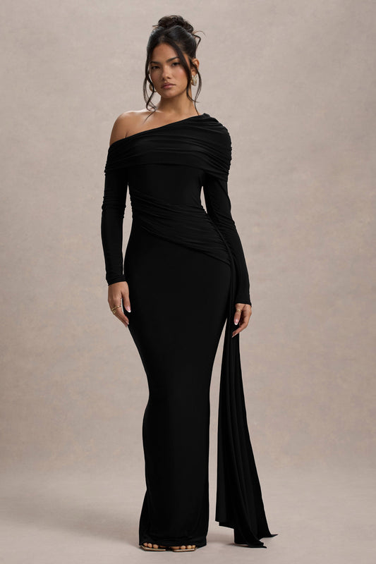 Valina | Black Ruched Asymmetric Maxi Dress With Drape