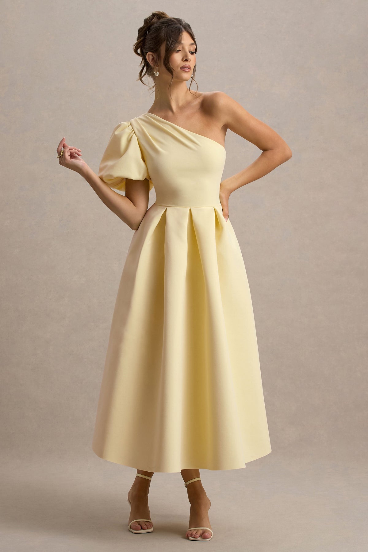 Rochelle | Pale Lemon Asymmetric Puff-Sleeve Midi Dress