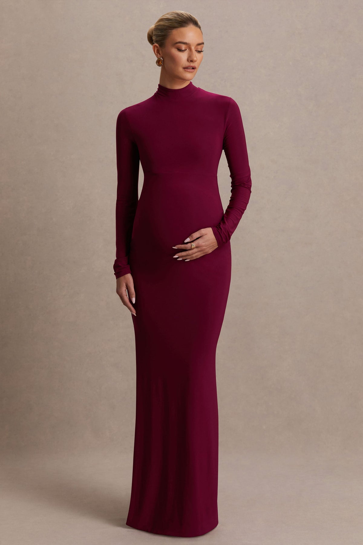 Alejandra | Burgundy Maternity Long Sleeve High Neck Maxi Dress