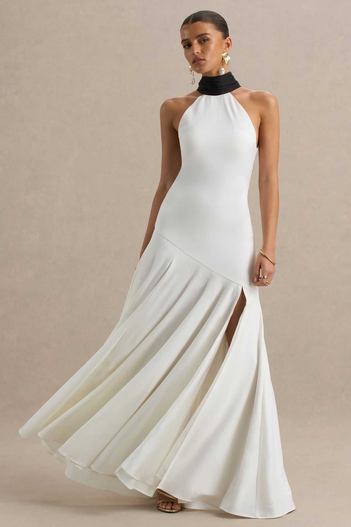 Luscious | White And Black High-Neck Maxi Dress With Drop-Waist And Bow Detail