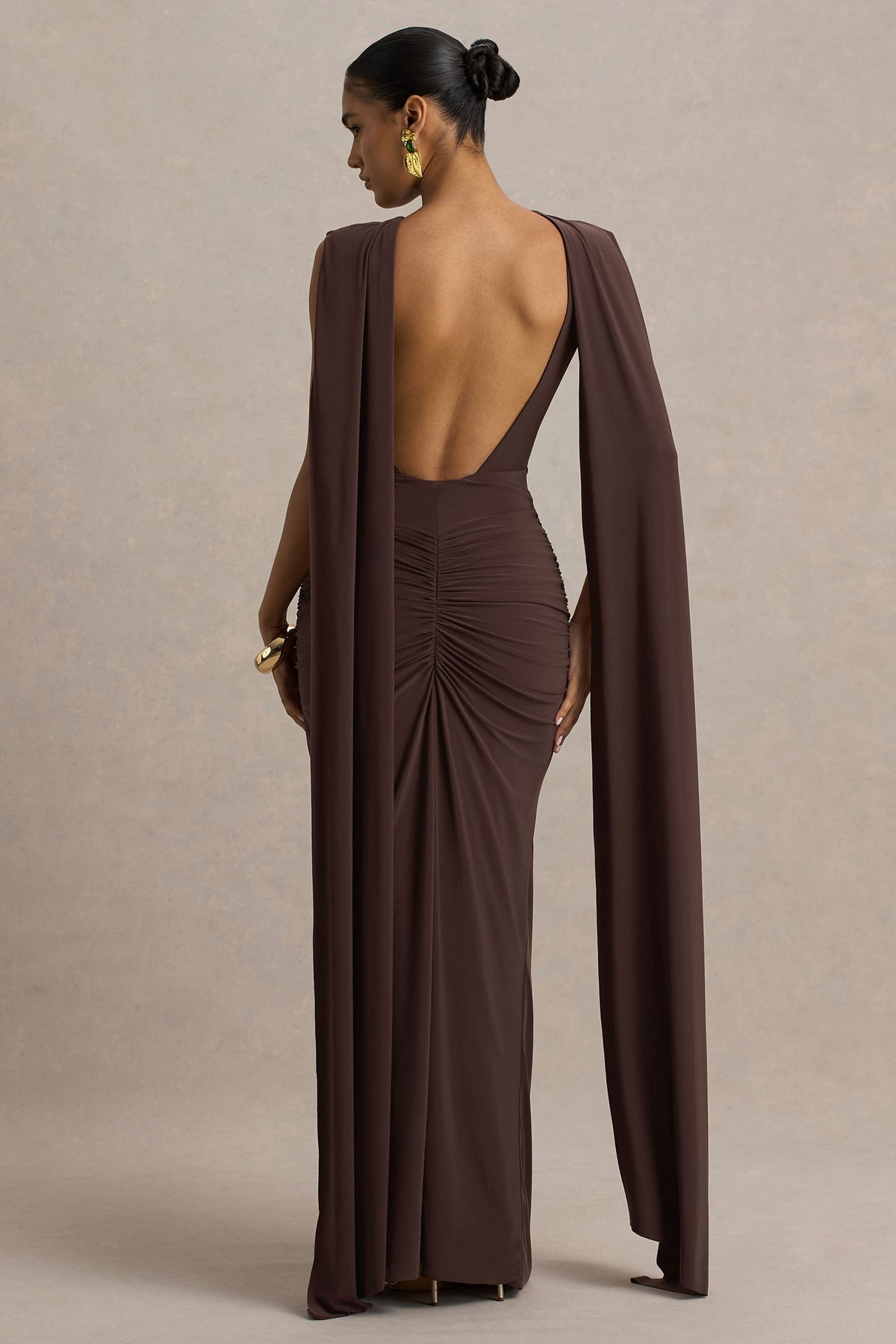 Premiere | Brown Boat-Neck Maxi Dress With Cape Sleeves And Open-Back