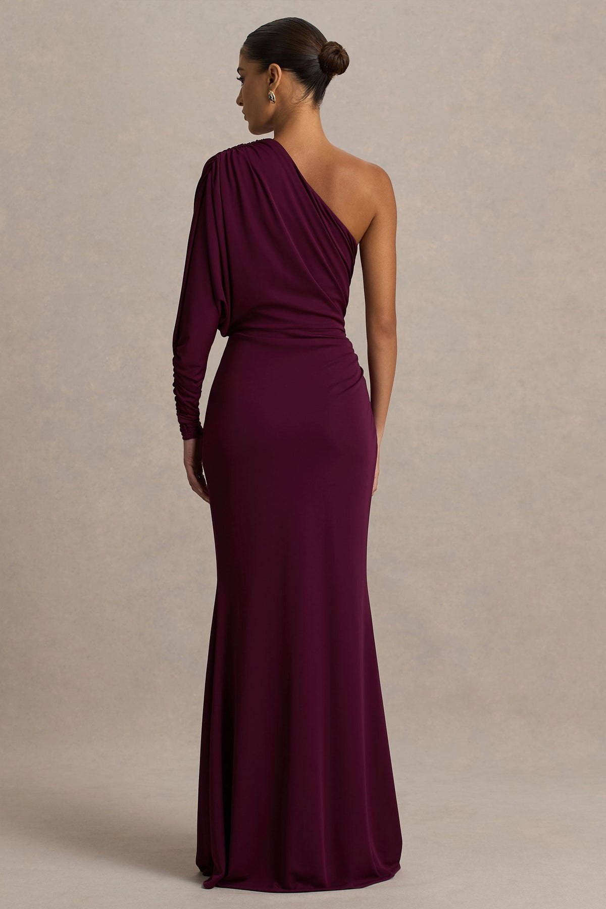 Lola | Burgundy Asymmetric-Neck Maxi Dress With Ruched Detailing And Front High-Split