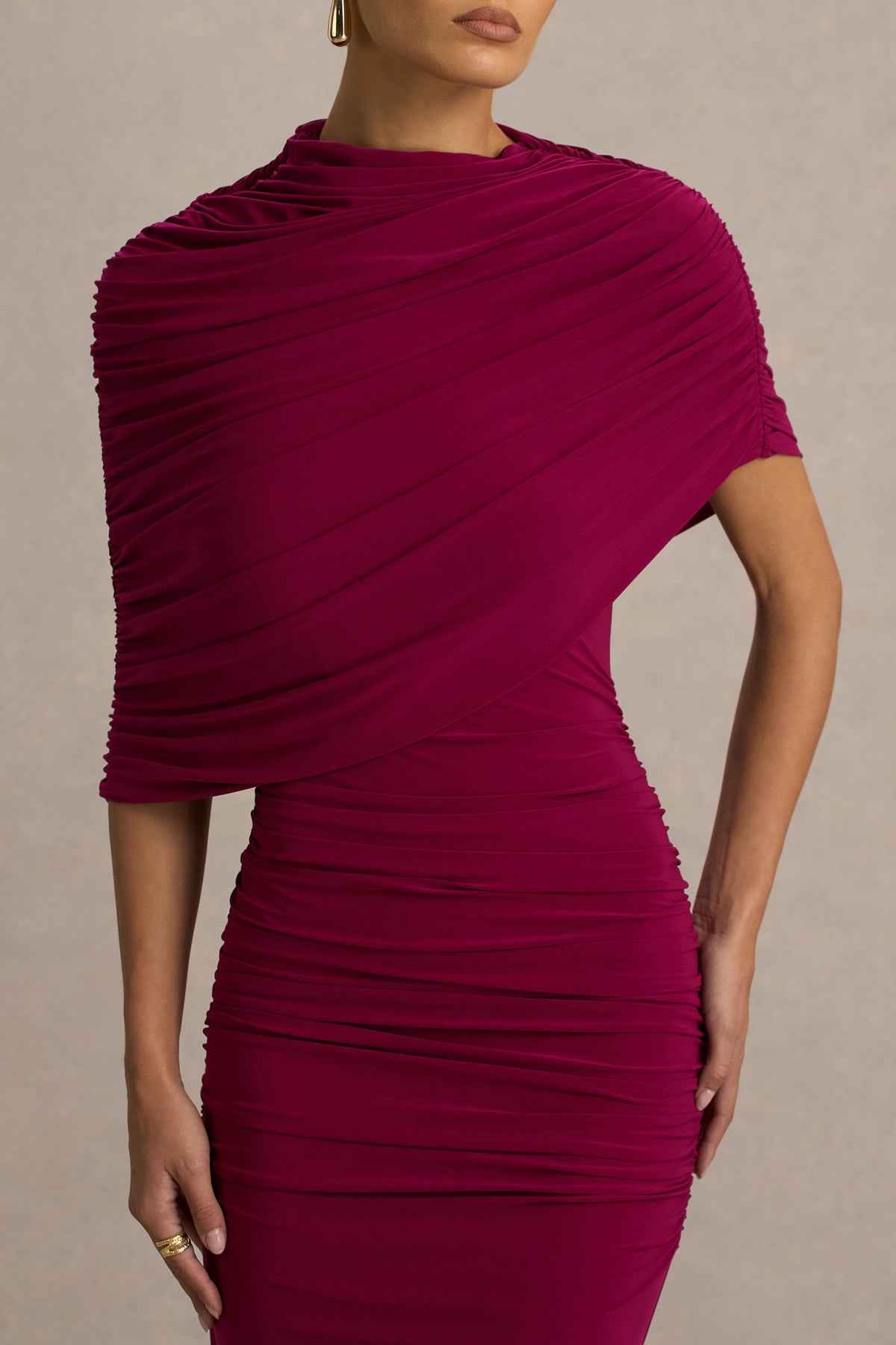 Glitz | Burgundy High-Neck Maxi Dress With Cape Sleeve and Ruched Detailing