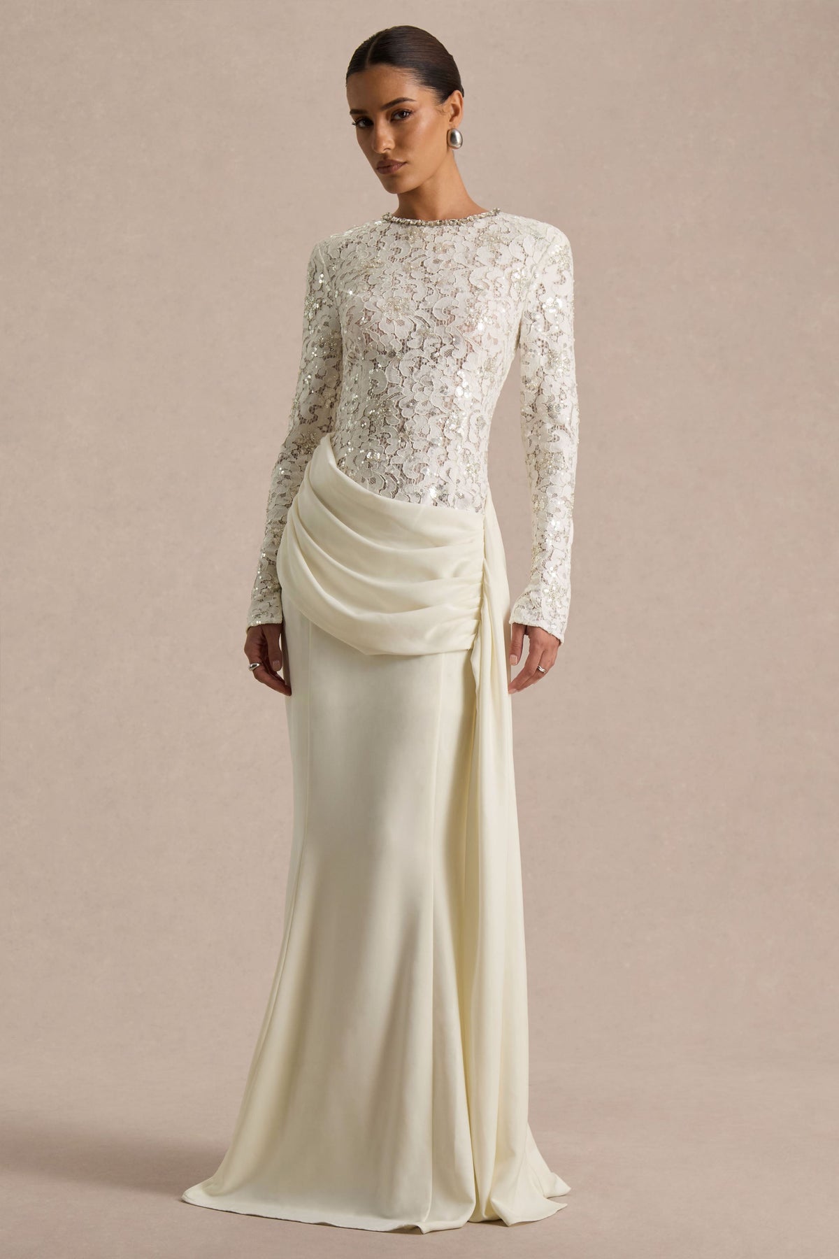 Beau | Ecru Lace Embellished Crew-Neck Maxi Dress With Draped Detail