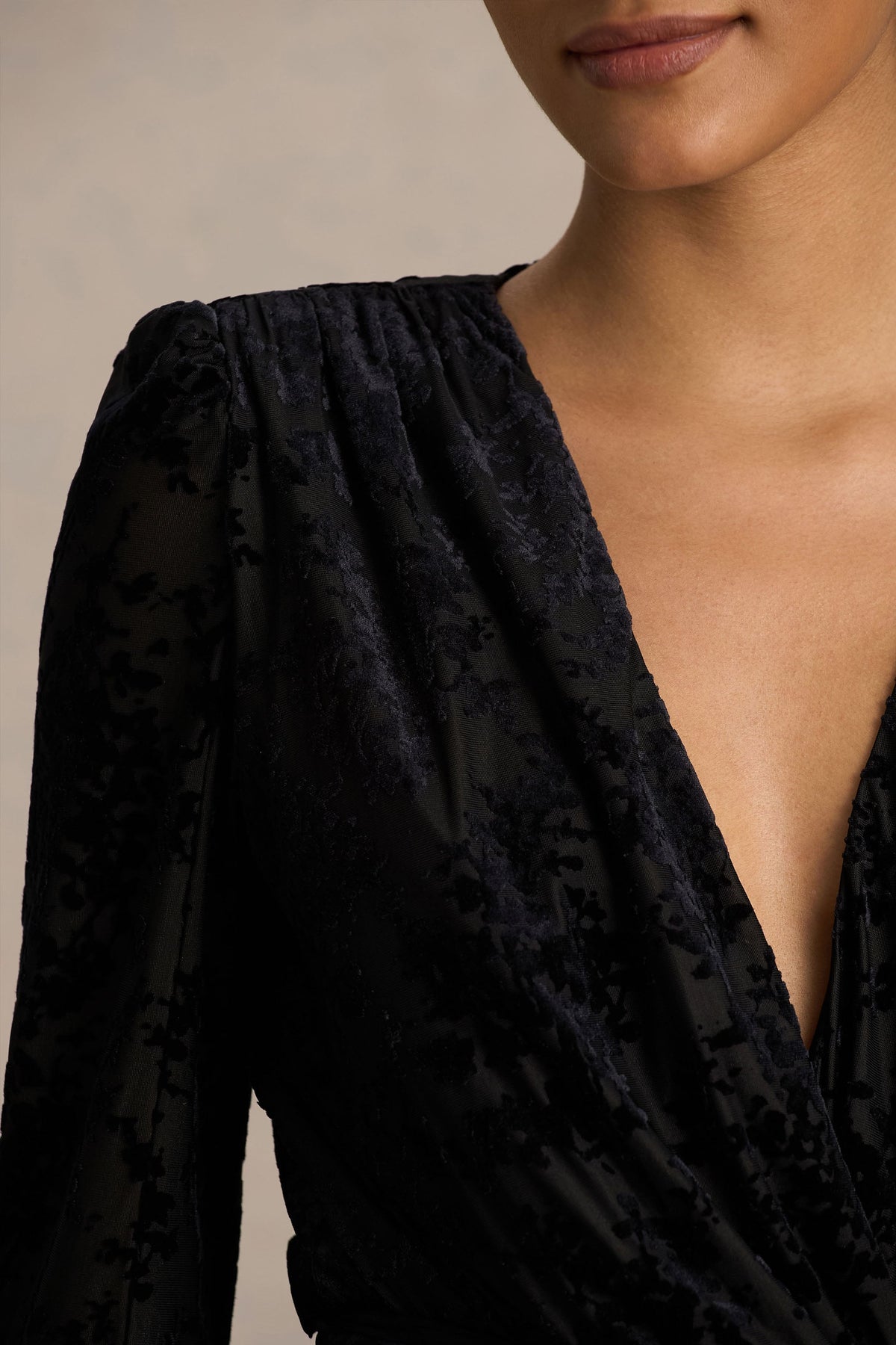 Vicenta | Black Velvet Devore Plunge-Neck Wrap Mini Dress