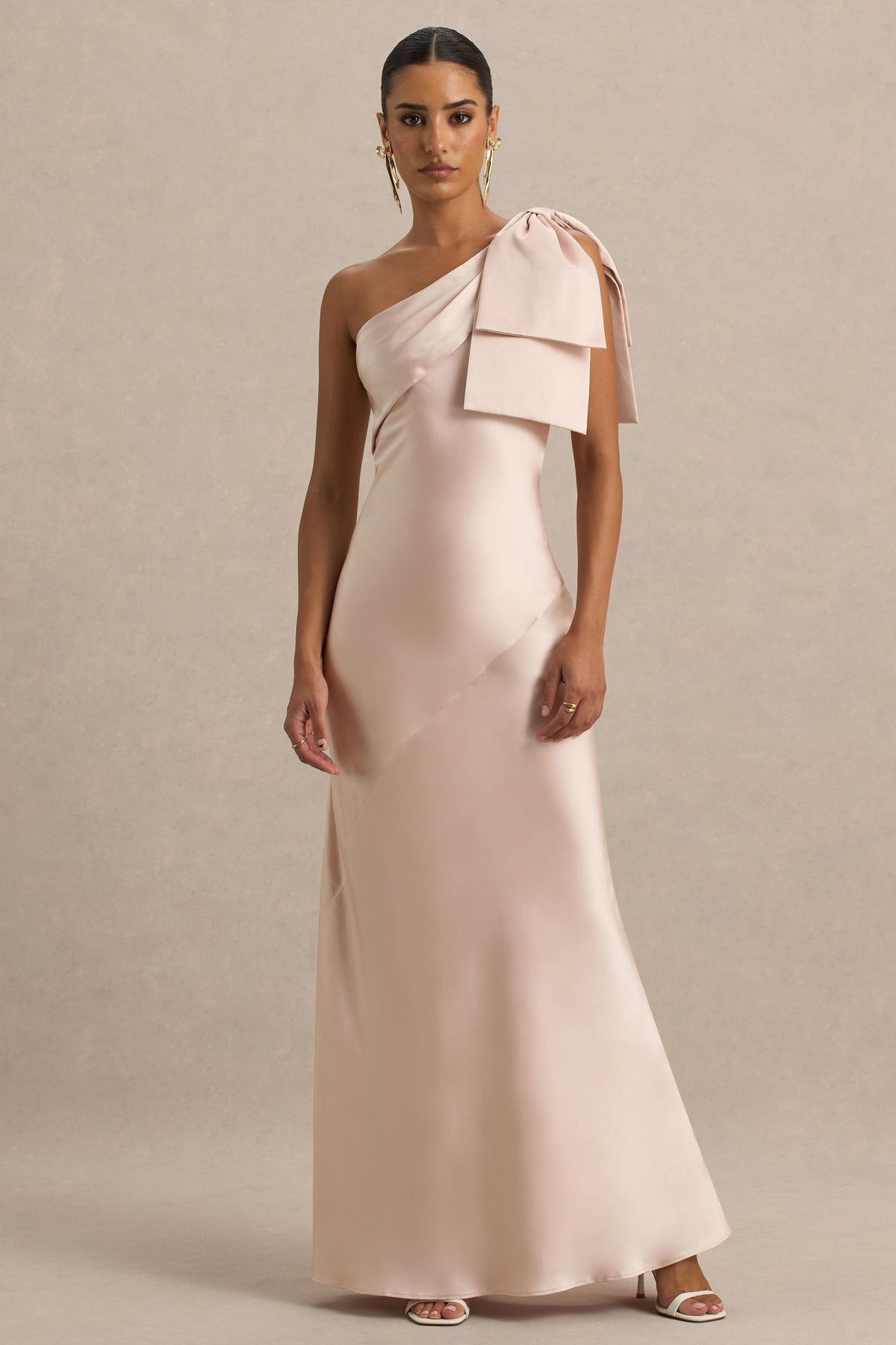 Valerie | Light Pink Satin Asymmetric-Neck Maxi Dress With Bow Detail