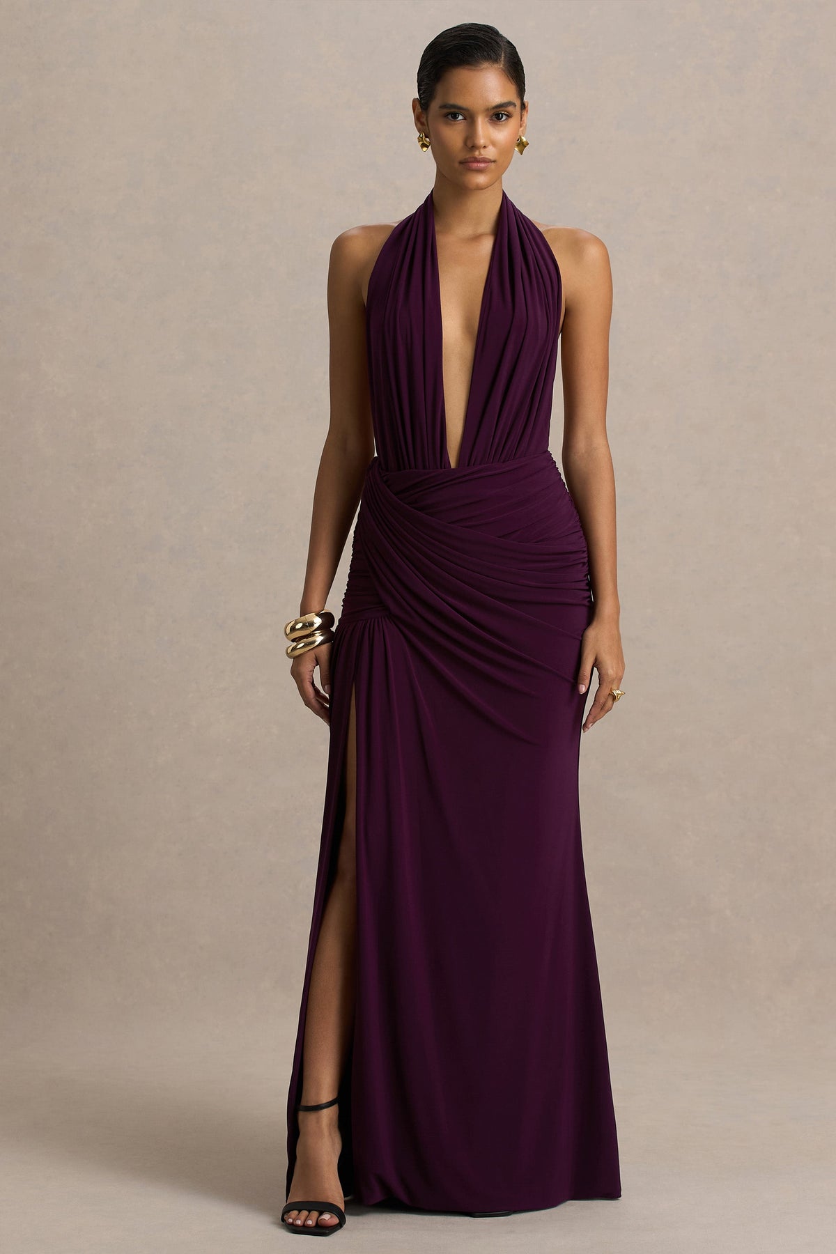 Tilly | Burgundy Jersey Ruched Plunge Wrap Maxi Dress With Open Back And Split