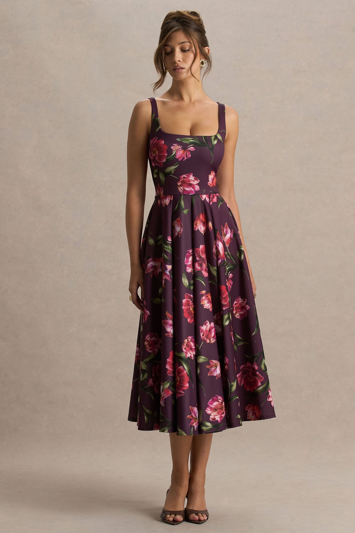 Berta | Burgundy Floral Print Scuba Square Neck A-Line Midi Dress
