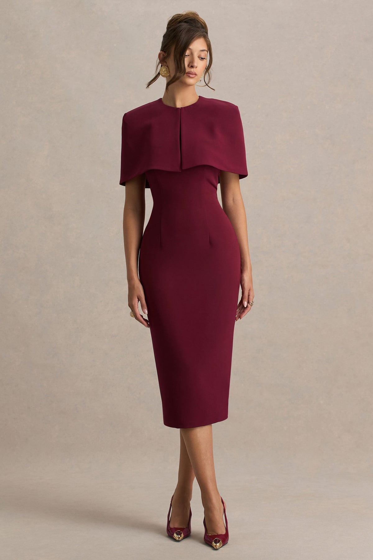 Baylor | Burgundy Midi-Dress With Removable Cape