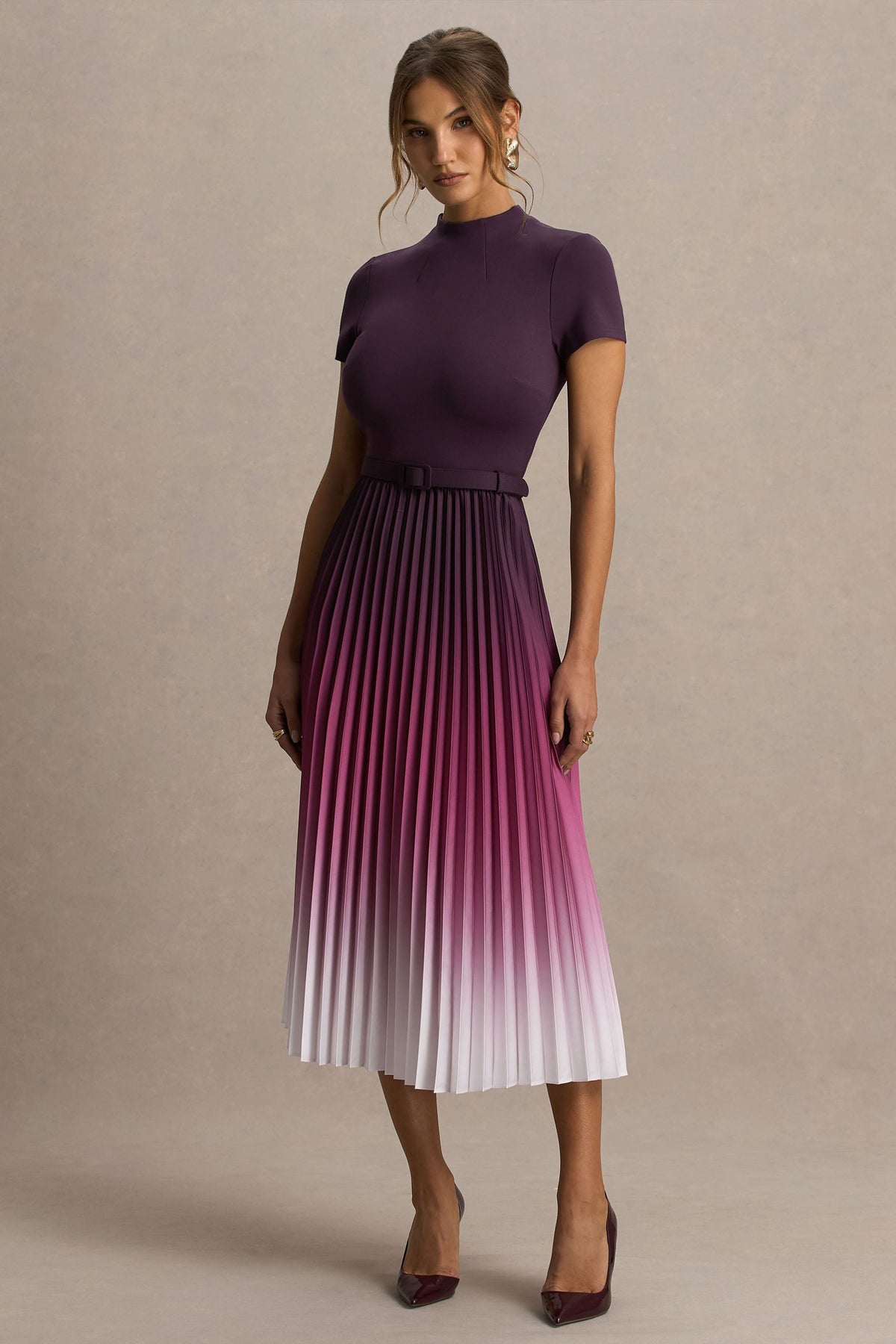 Libby | Burgundy Ombre Woven High-Neck Midi Dress With Pleated Detailing