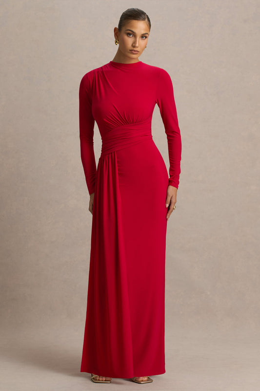 Virelle | Red Boat-Neck Maxi Dress With Wrap Detail And Sash