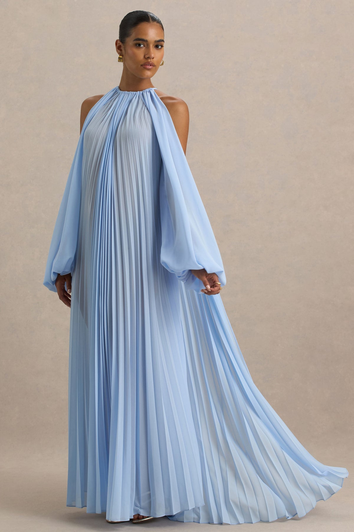 Reyna | Powder Blue Sheer Pleated Chiffon Cold-Shoulder Maxi Dress