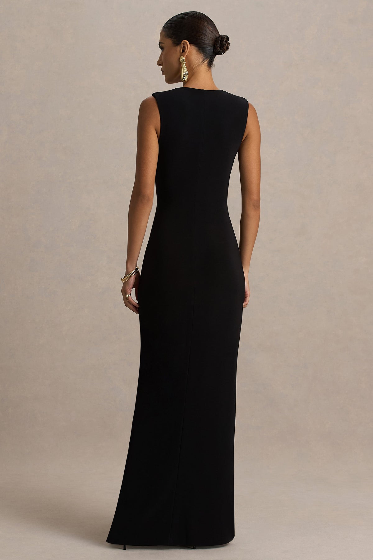 Alena | Black Extreme-Plunge Neck Maxi Dress With Gold Detail