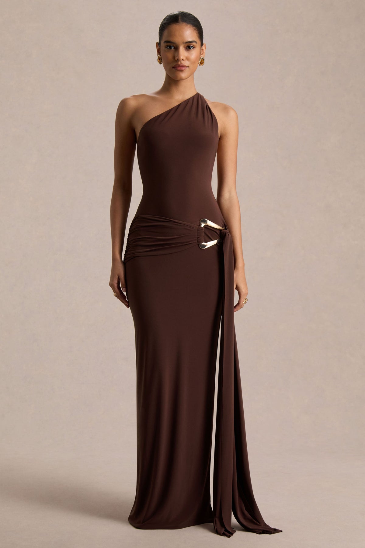 Bonnie | Brown Asymmetric-Neck Maxi Dress With Open-Back