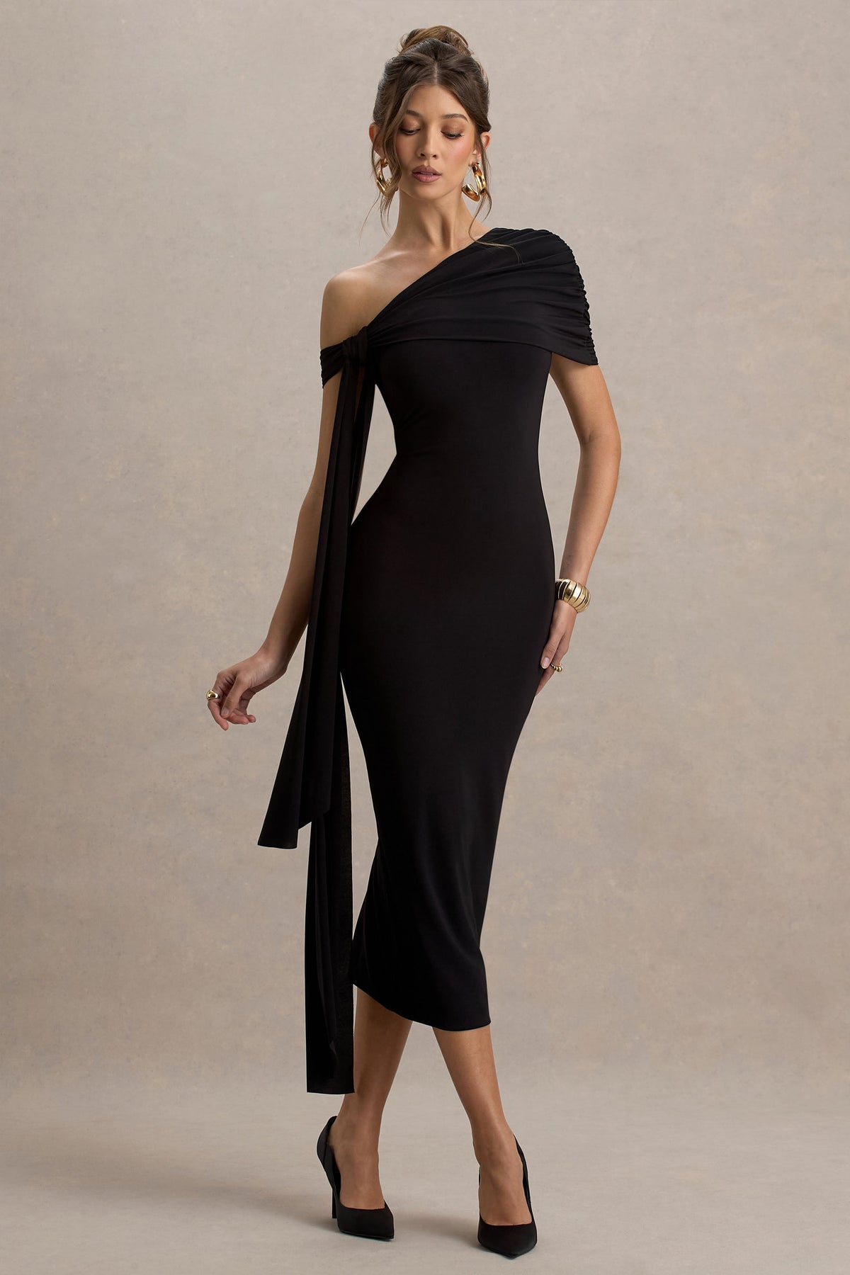 Praia | Black Asymmetric-Neck Maxi Dress With Sash and Draped Detailing