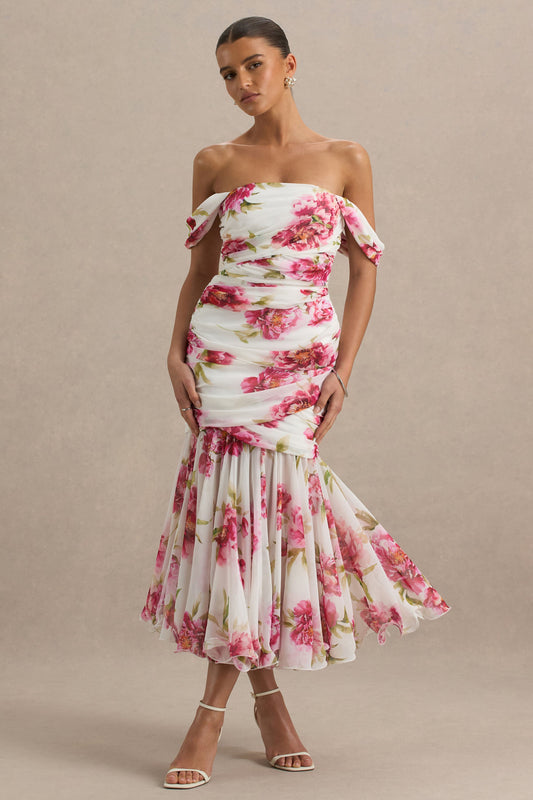 Madelyn | Cream Floral Print Short-Sleeve Bardot Wrap Maxi Dress With Ruching