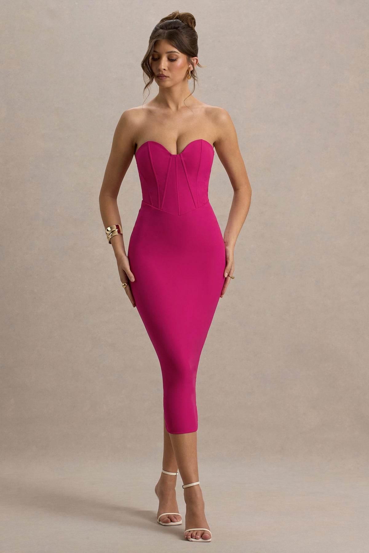 Nina | Dark Pink Structured Strapless Corset Midi Dress