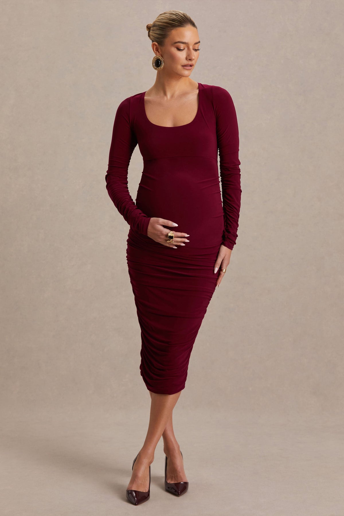 Saffron | Berry Scoop-Neck Maternity Midi Dress