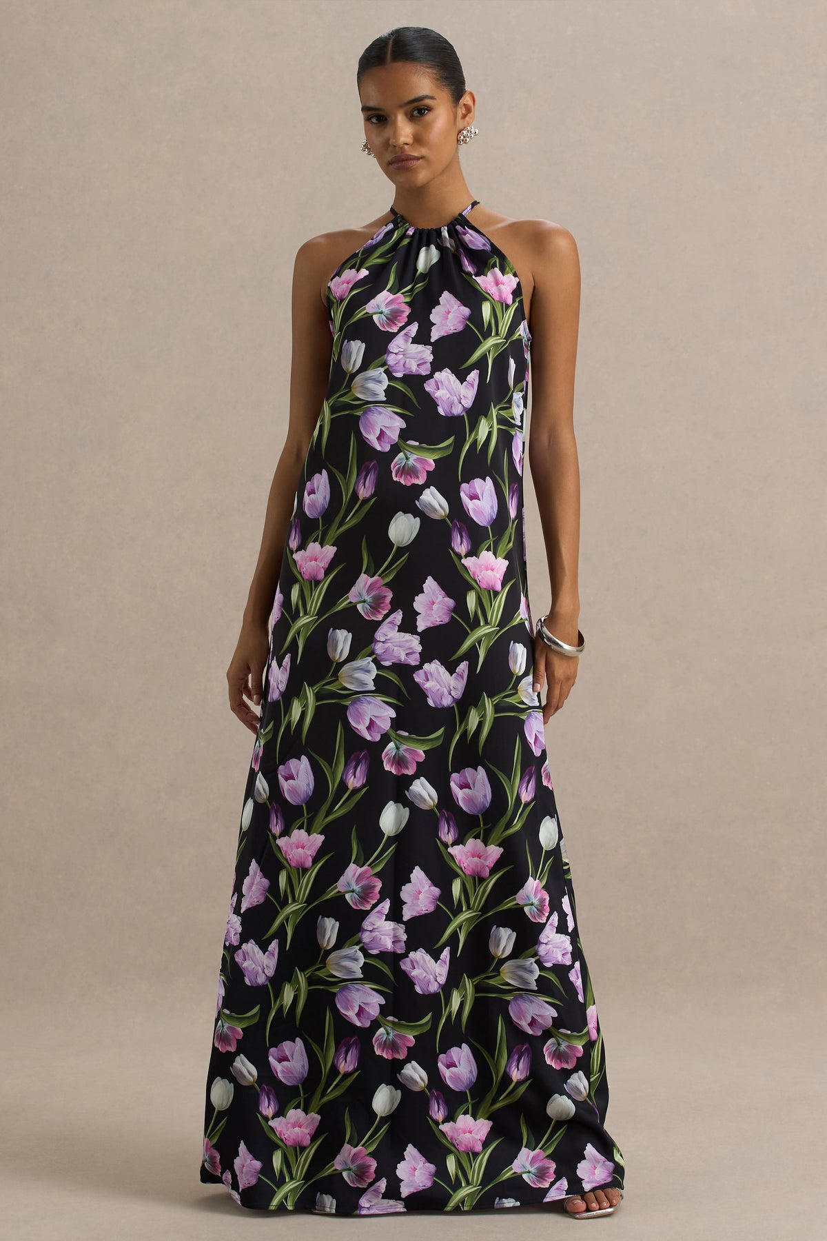 Svana | Black Satin Floral Asymmetric Halter-Neck Maxi Dress