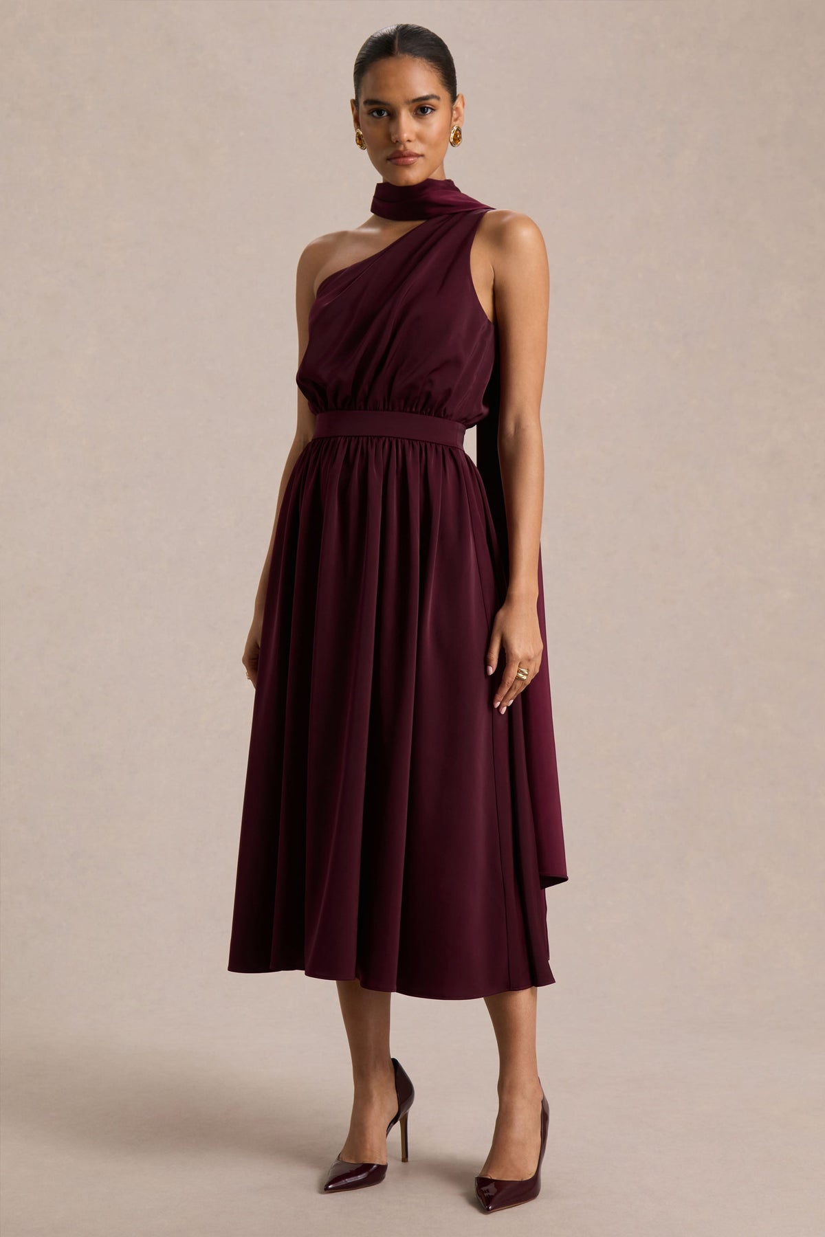 Caluna | Burgundy Satin Asymmetric-Neck Midi Dress With Scarf-Detail