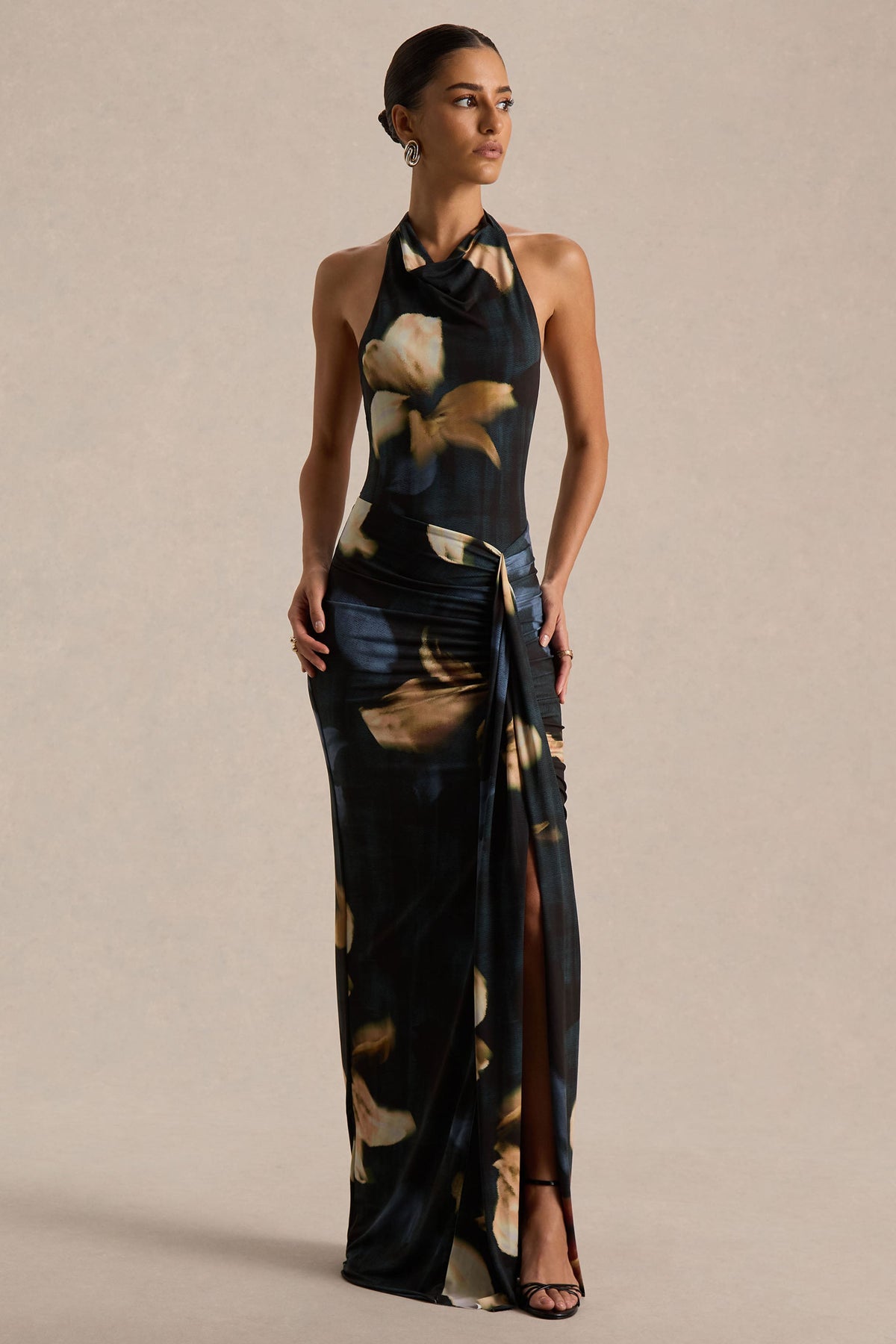 Sunflower | Dark Lily Print Jersey Cowl Maxi Dress With Gathered Detailing And Split