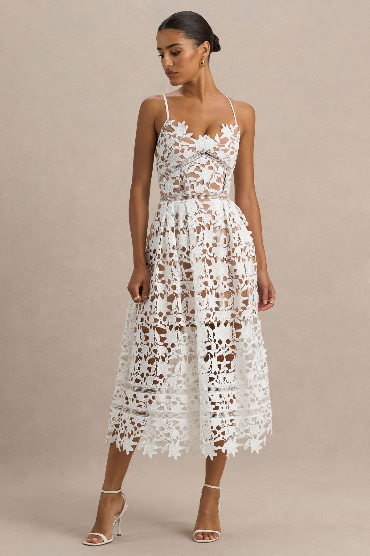 Zuri | White Lace Sweetheart Midi Dress With Cami Straps