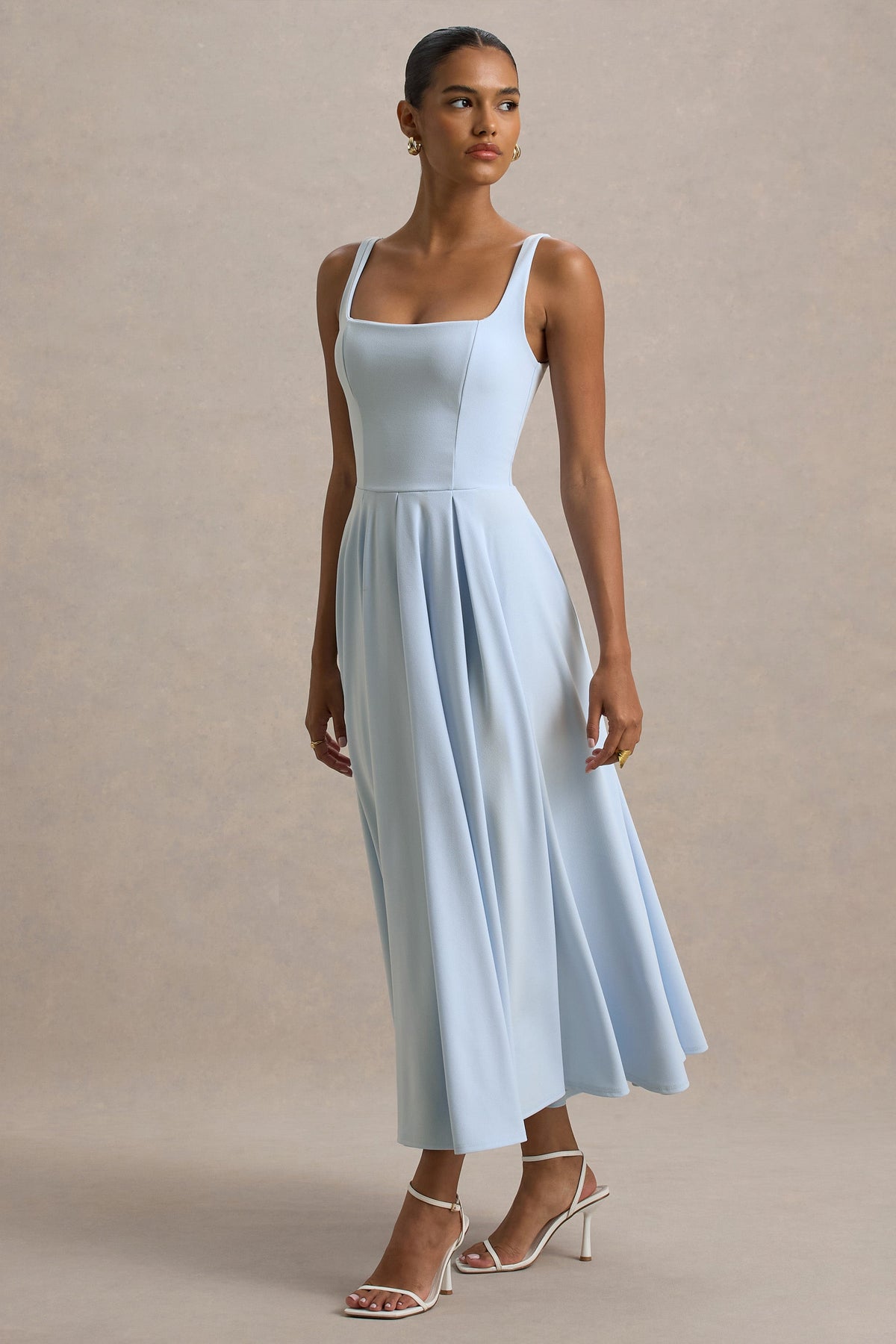 Parina | Powder Blue Scuba Square Neck A-Line Midi Dress