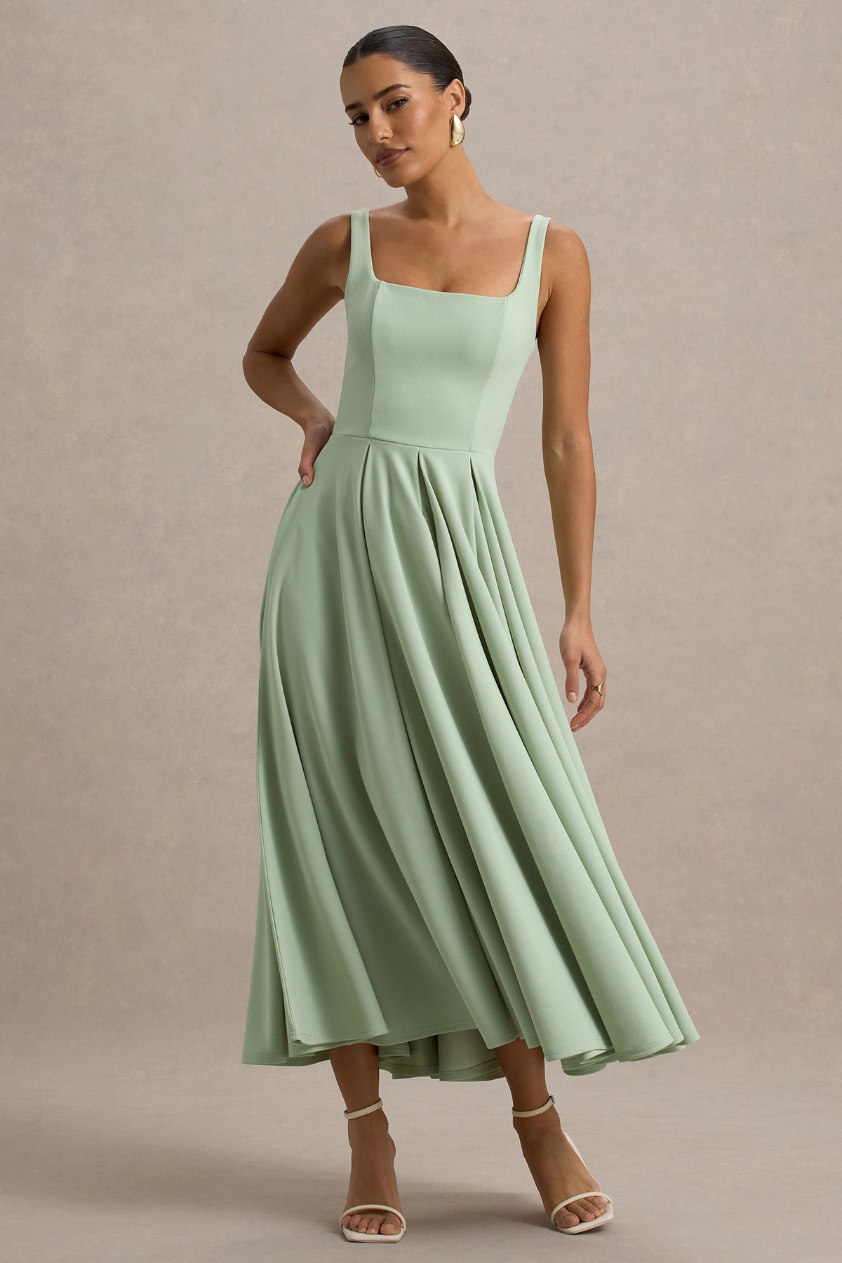 Parina | Light Green Scuba Square Neck A-Line Midi Dress