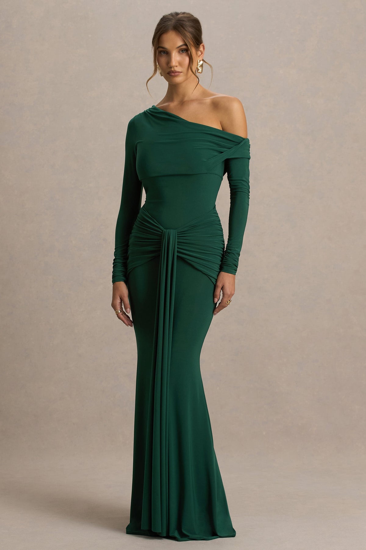 Clover | Dark Green Asymmetric-Neck Wrapped Maxi Dress With Sash