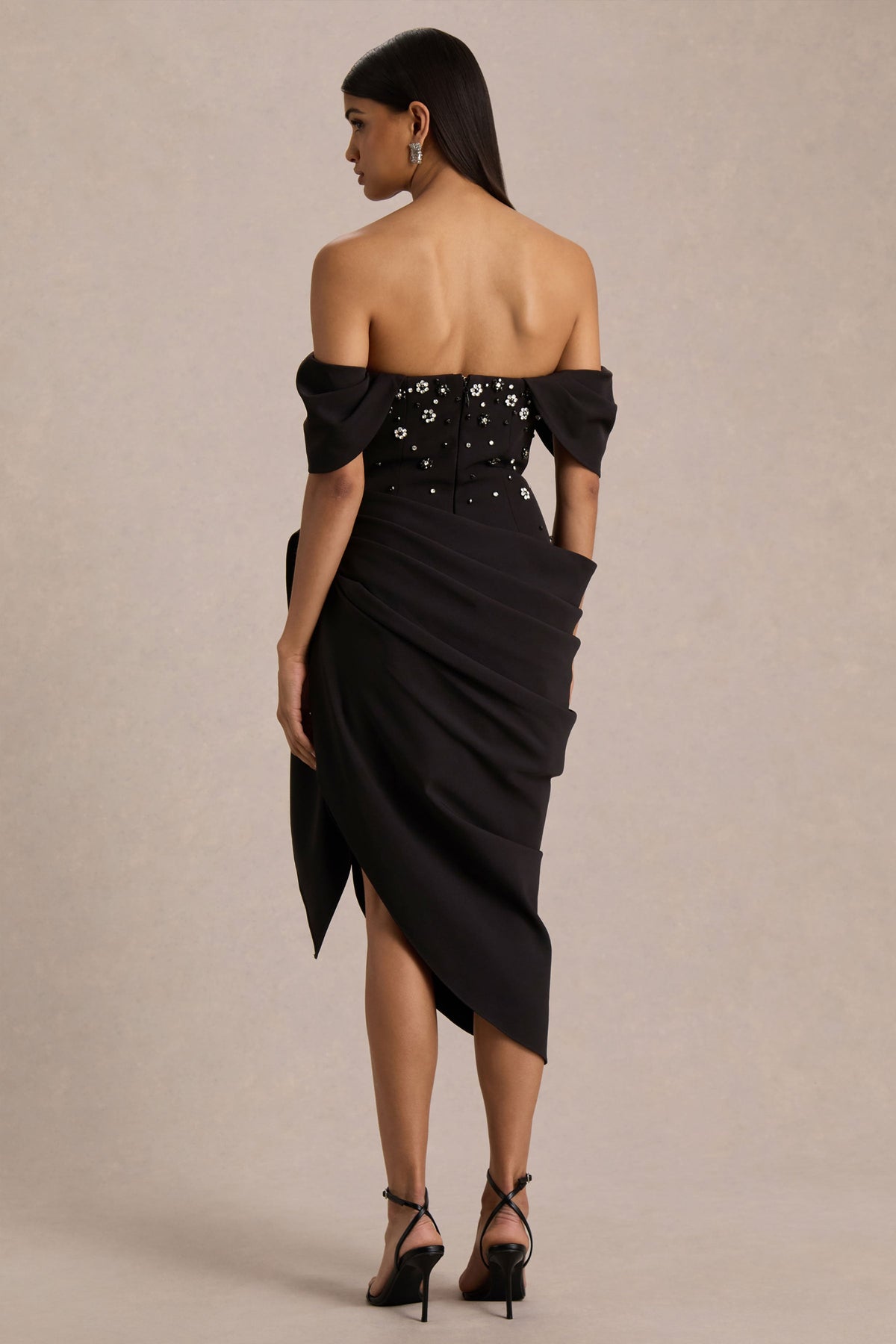 Sylvia | Black Hand-Embellished Bardot-Neck Midi Dress With Draped Satin-Wrap Skirt