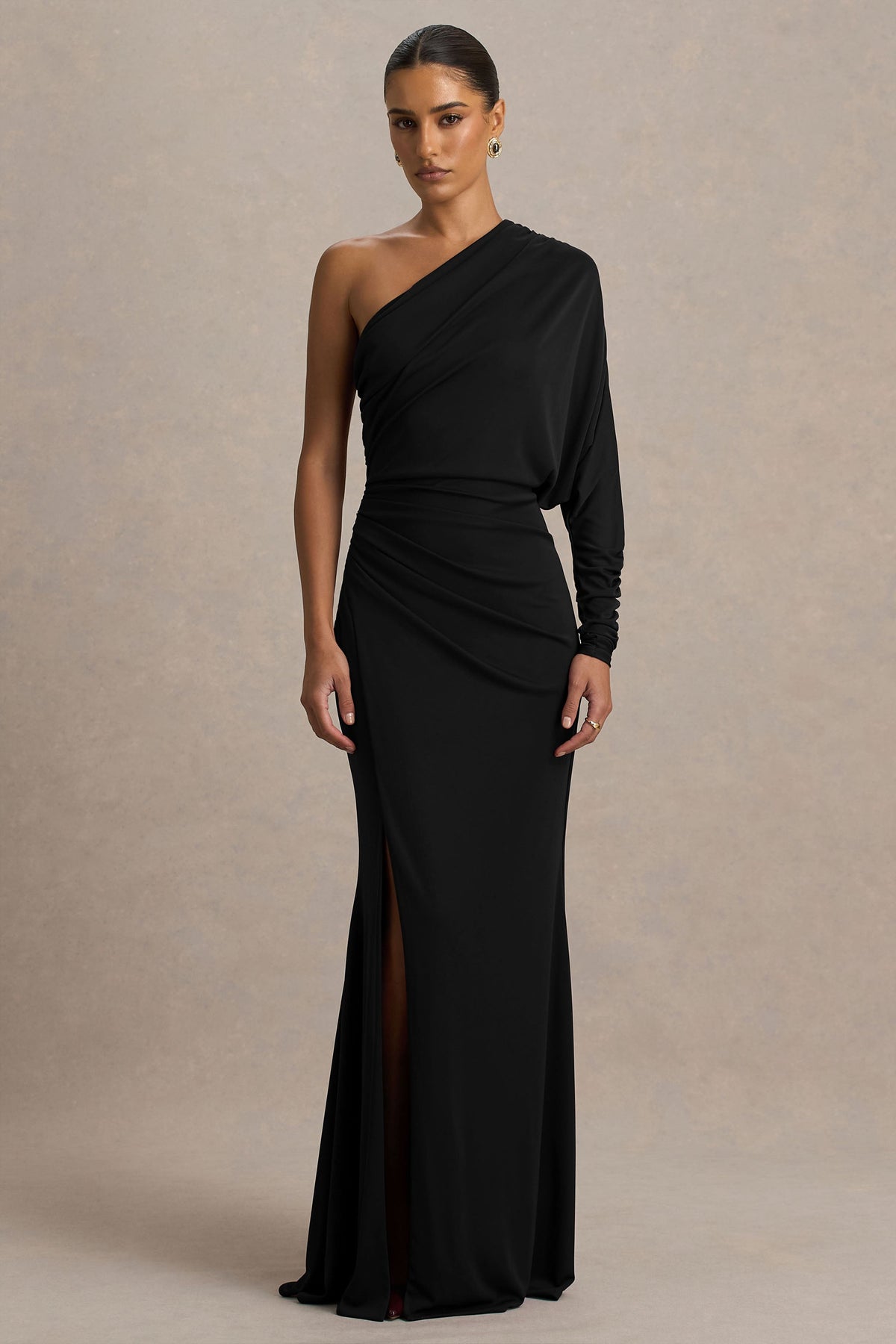 Lola | Black Asymmetric-Neck Maxi Dress With Ruched Detailing And Front High-Split