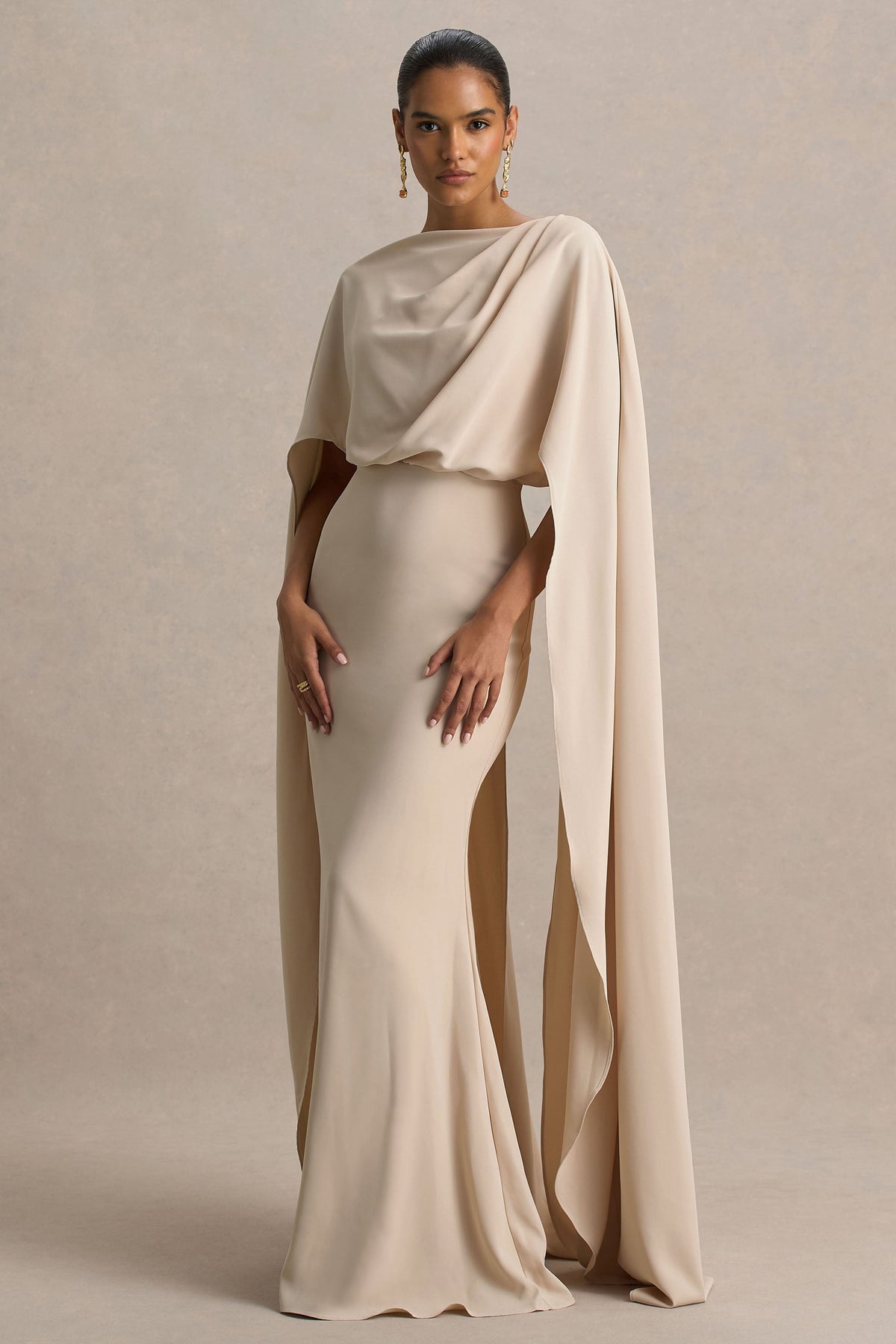 Pristina | Sand Boat-Neck Woven Maxi Dress With Cape Detail