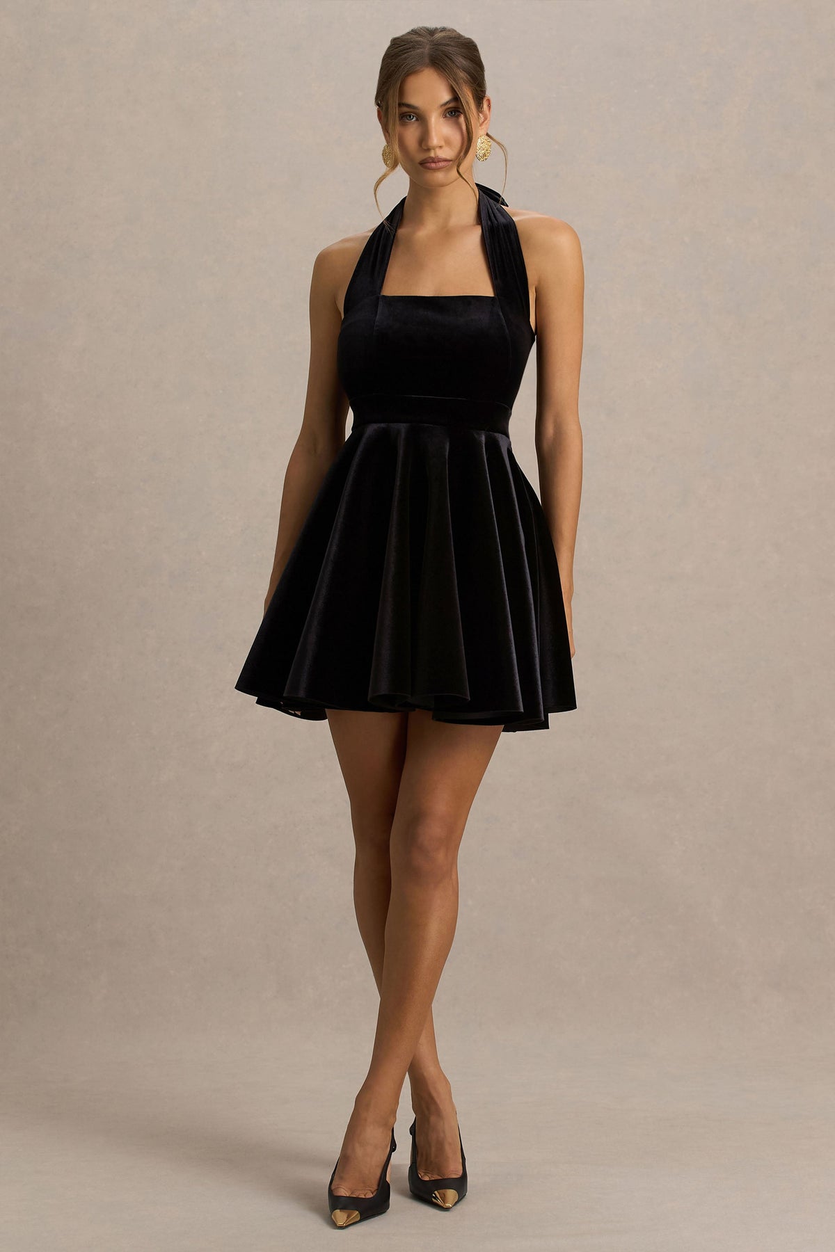 Mirage | Black Velvet Halter-Neck Mini Dress With Skater-Skirt