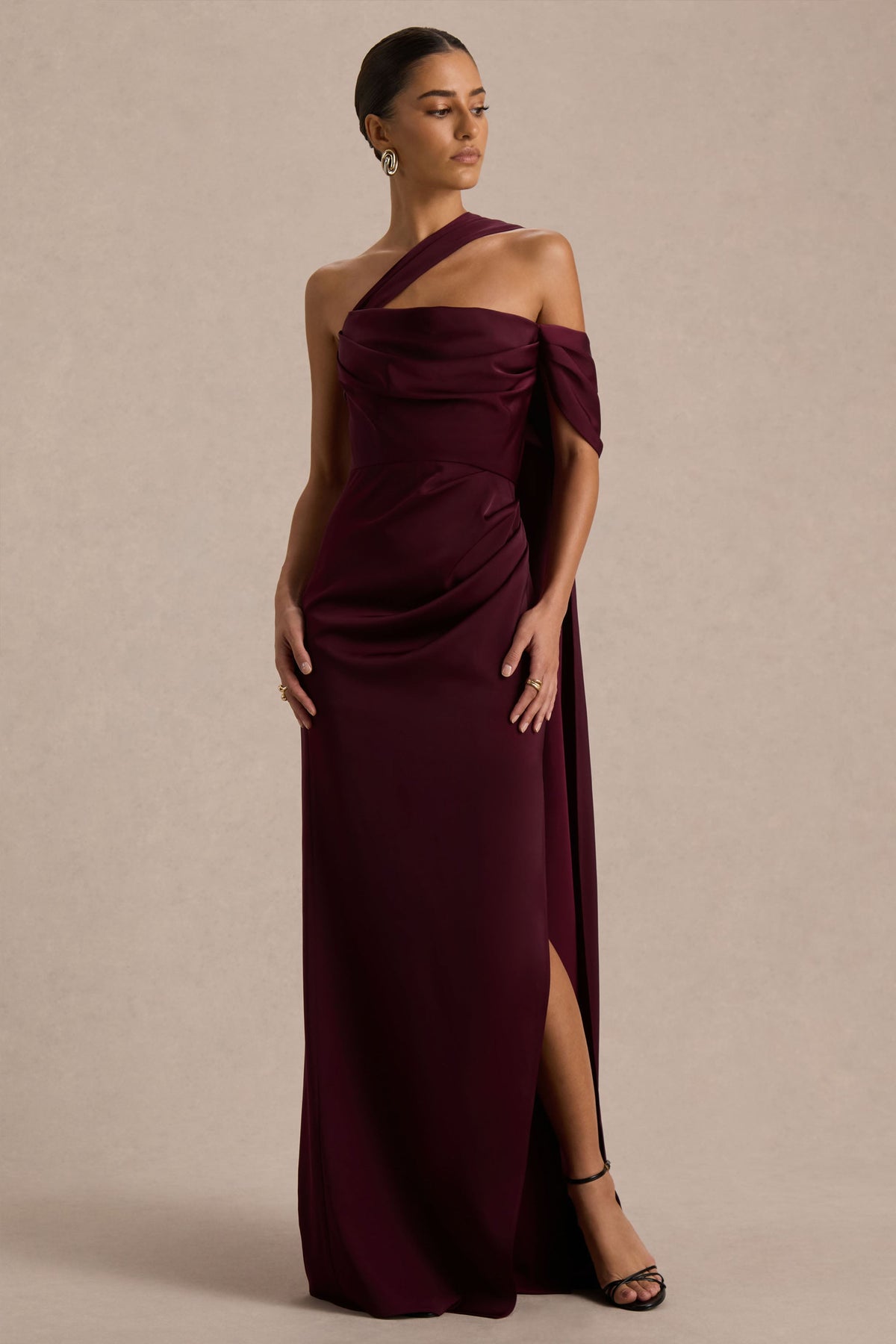 Yazmin | Burgundy Satin Asymmetric Maxi Dress With One-Sleeve Cape
