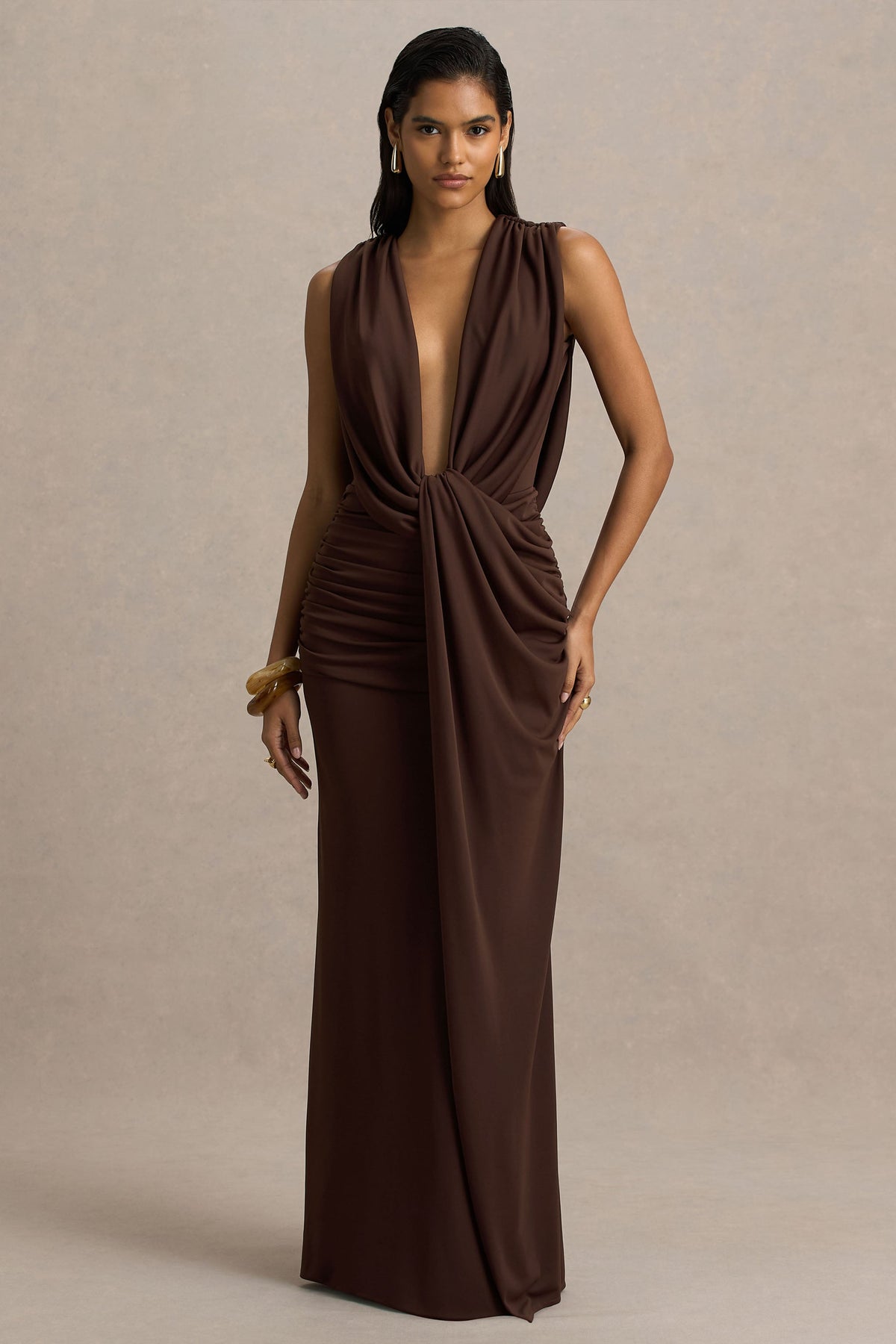 Serafina | Chocolate Extreme-Plunge Neck Maxi Dress With Wrap And Ruched Details
