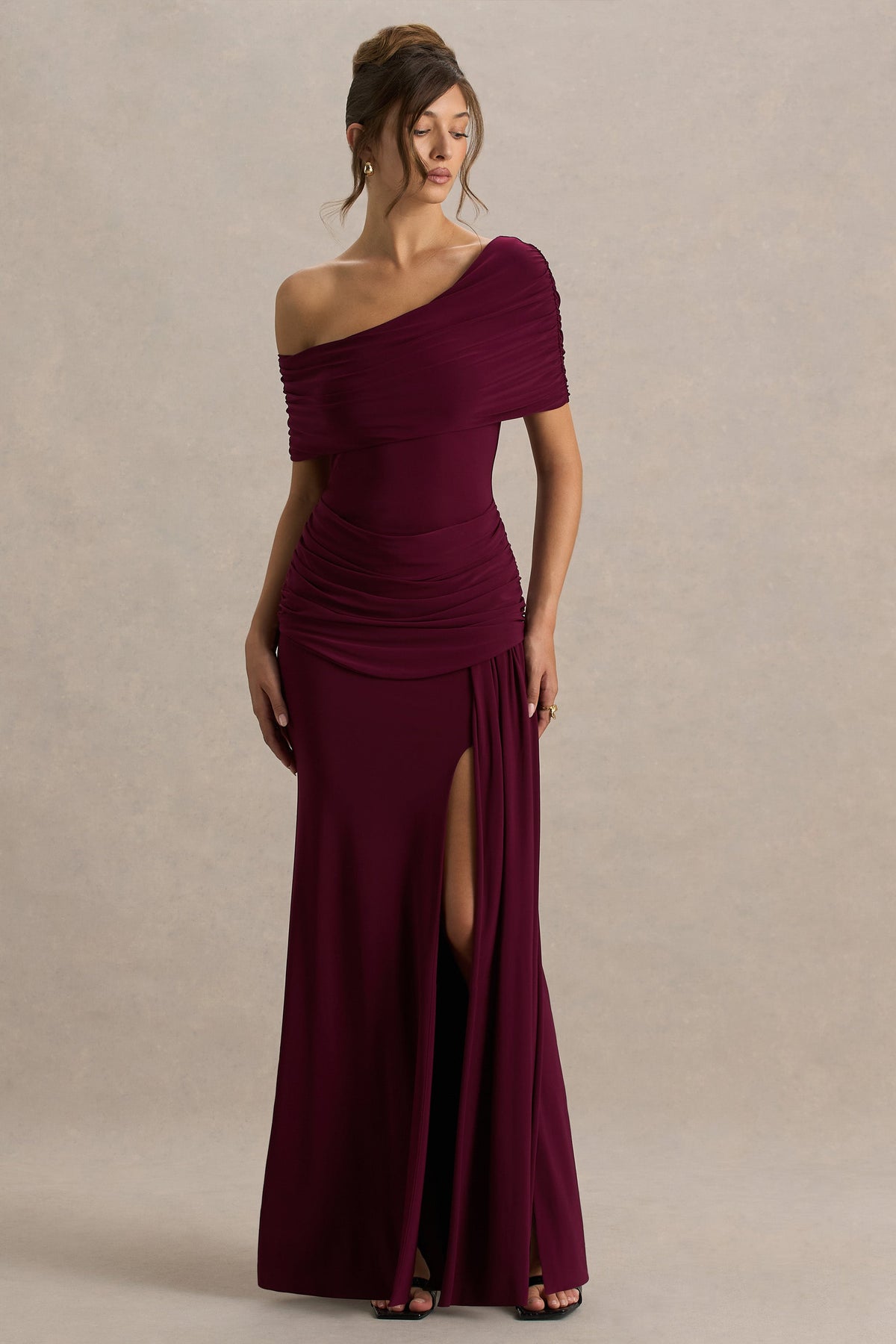 Dynasty | Burgundy Asymmetric-Neck Maxi Dress With Ruched Detailing And Front High-Split
