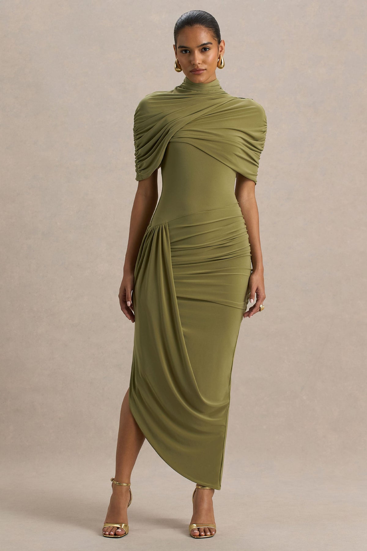 Enchant | Olive Asymmetric Twisted Cape Midi Dress