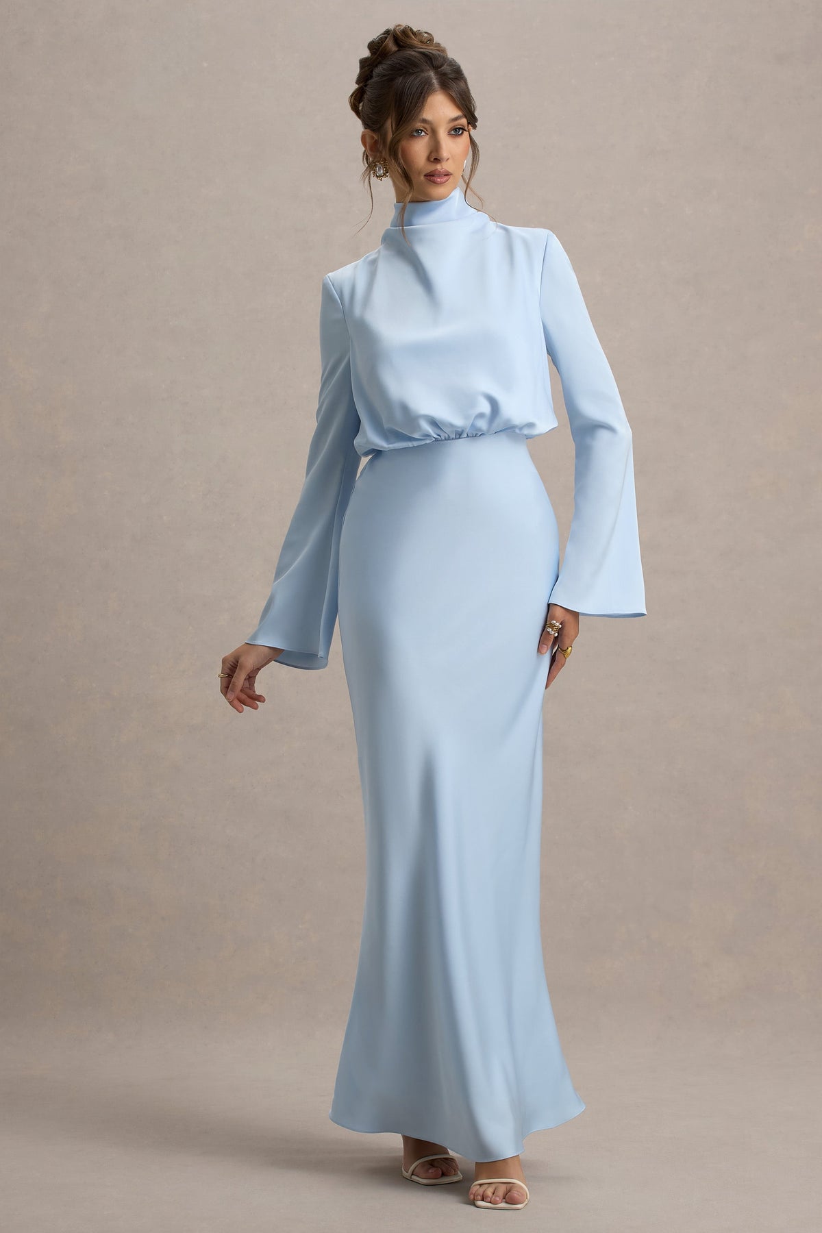 Celina | Powder Blue Satin High-Neck Maxi Dress