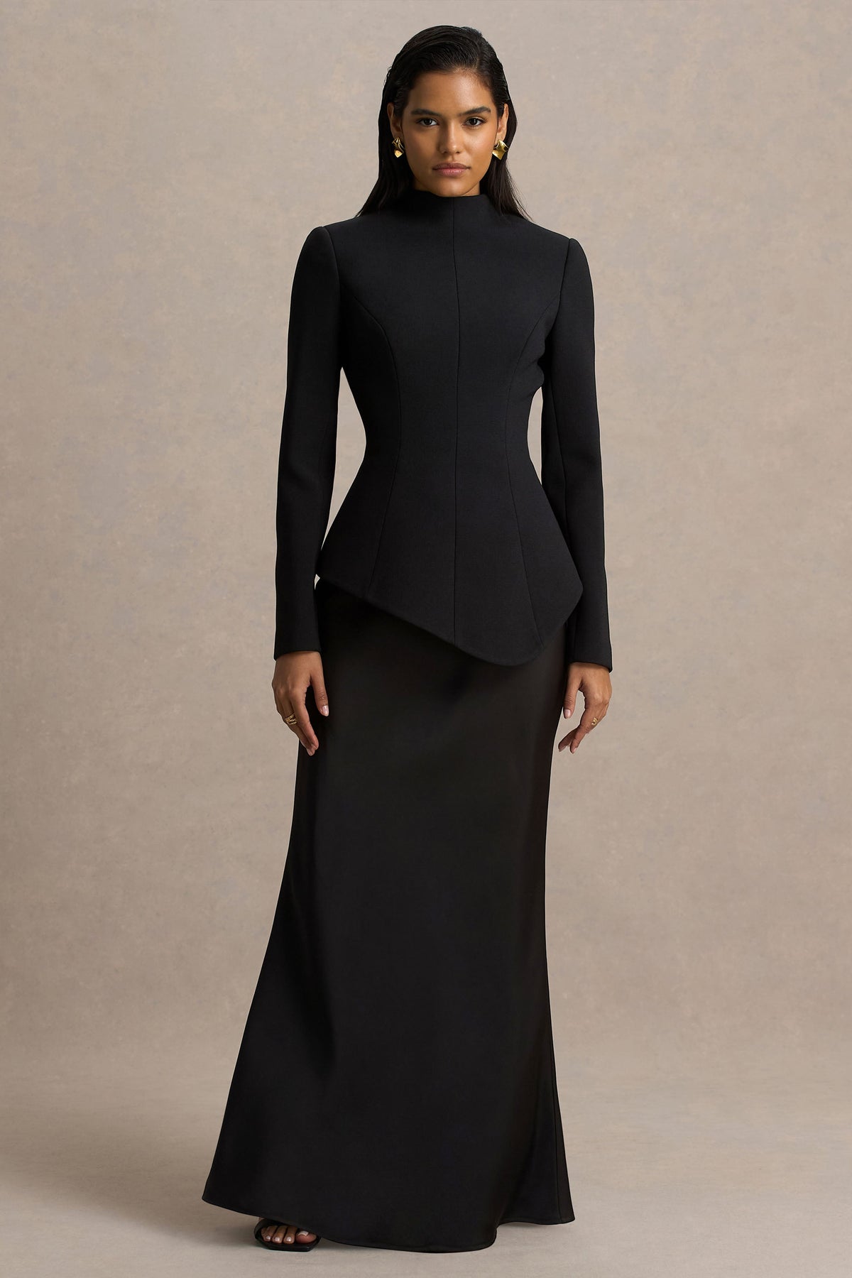Pepita | Black High-Neck Tailored Maxi Dress With Drop-Waist And Satin Skirt