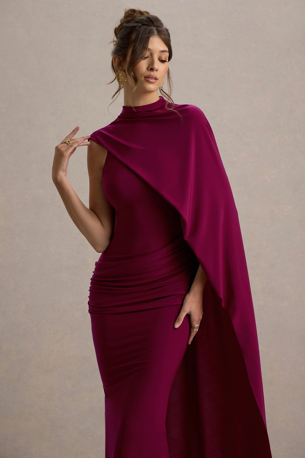 Maeve | Burgundy Cape-Sleeve Draped Maxi Dress