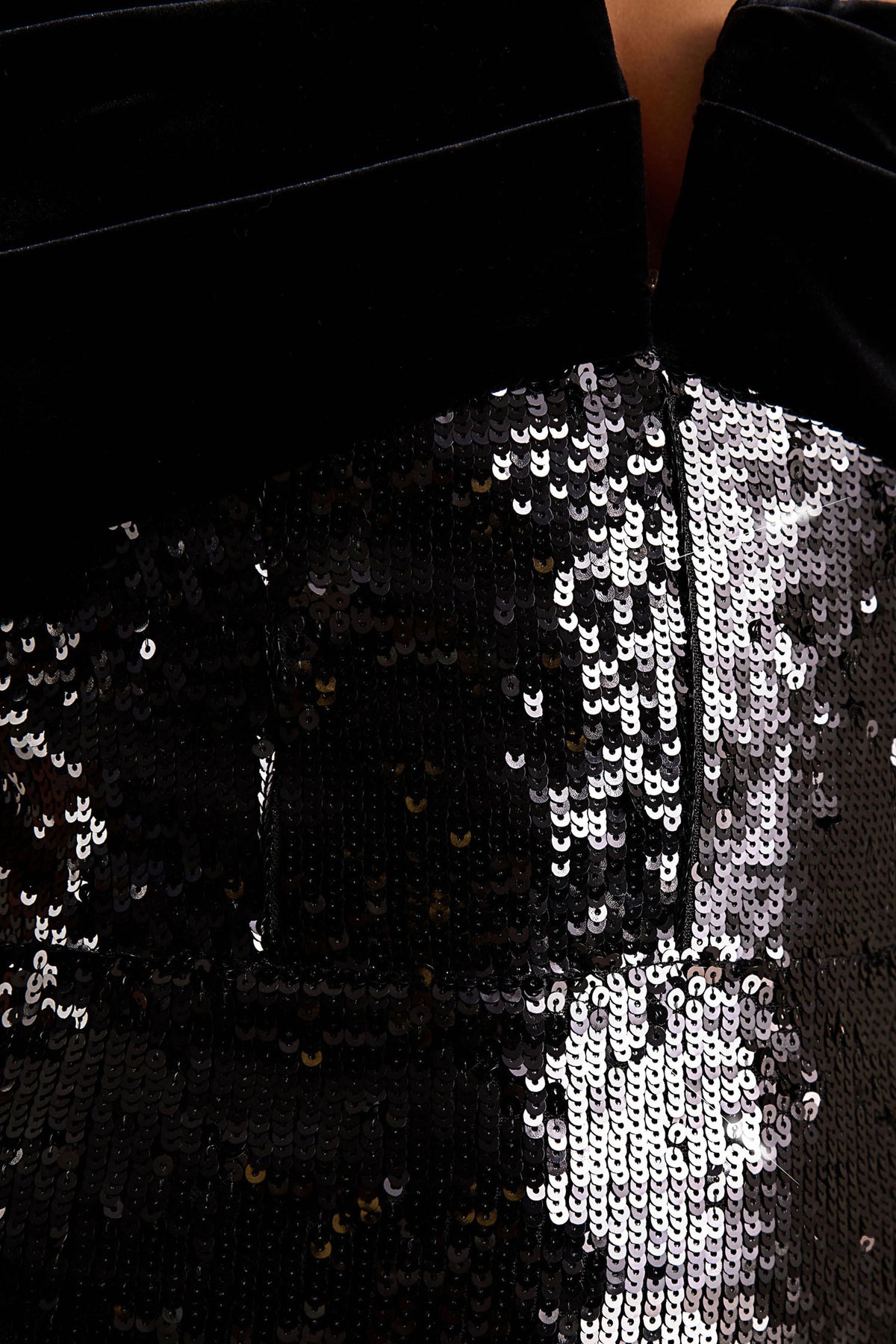 Bex | Black Sequin And Velvet Bardot-Neck Maxi Dress