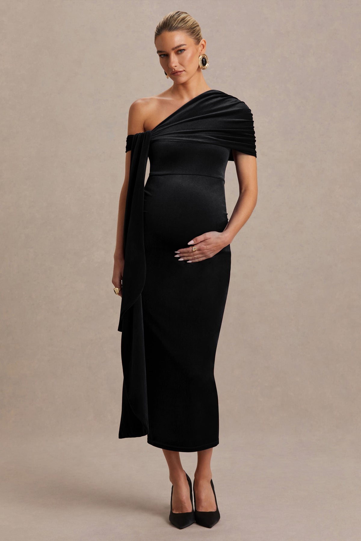 Zena | Black Velvet Asymmetric-Neck Maternity Midi Dress With Knot And Sash Detail