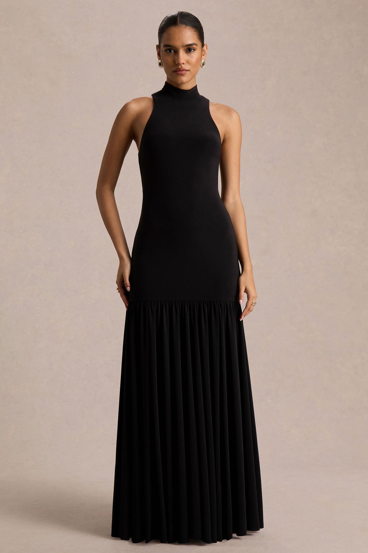 Tasmin | Black High-Neck Maxi Dress With Drop-Waist