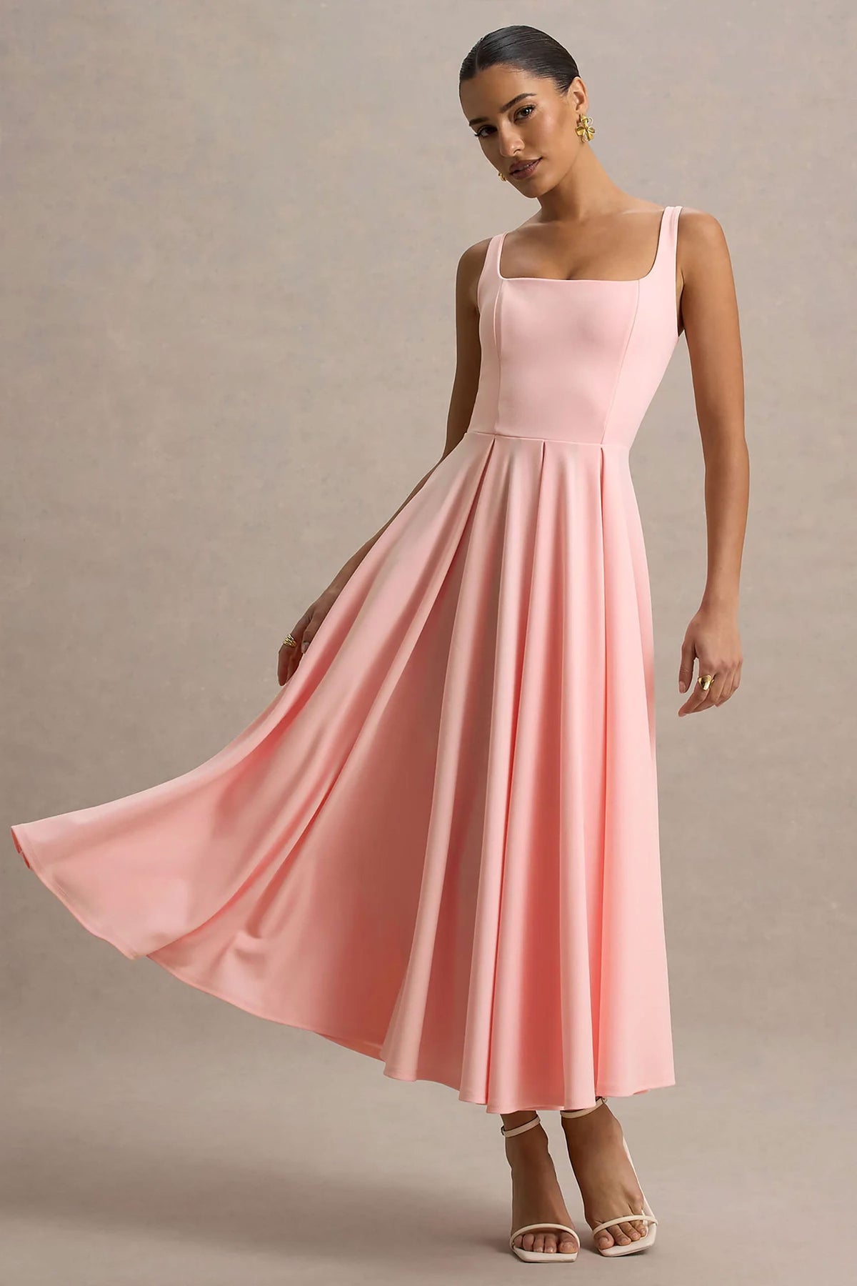 Parina | Pink Scuba Square Neck A-Line Midi Dress