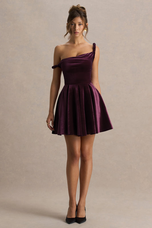 Leticia | Burgundy Velvet Asymmetric-Neck Velvet Mini Dress With Twist-Sleeve