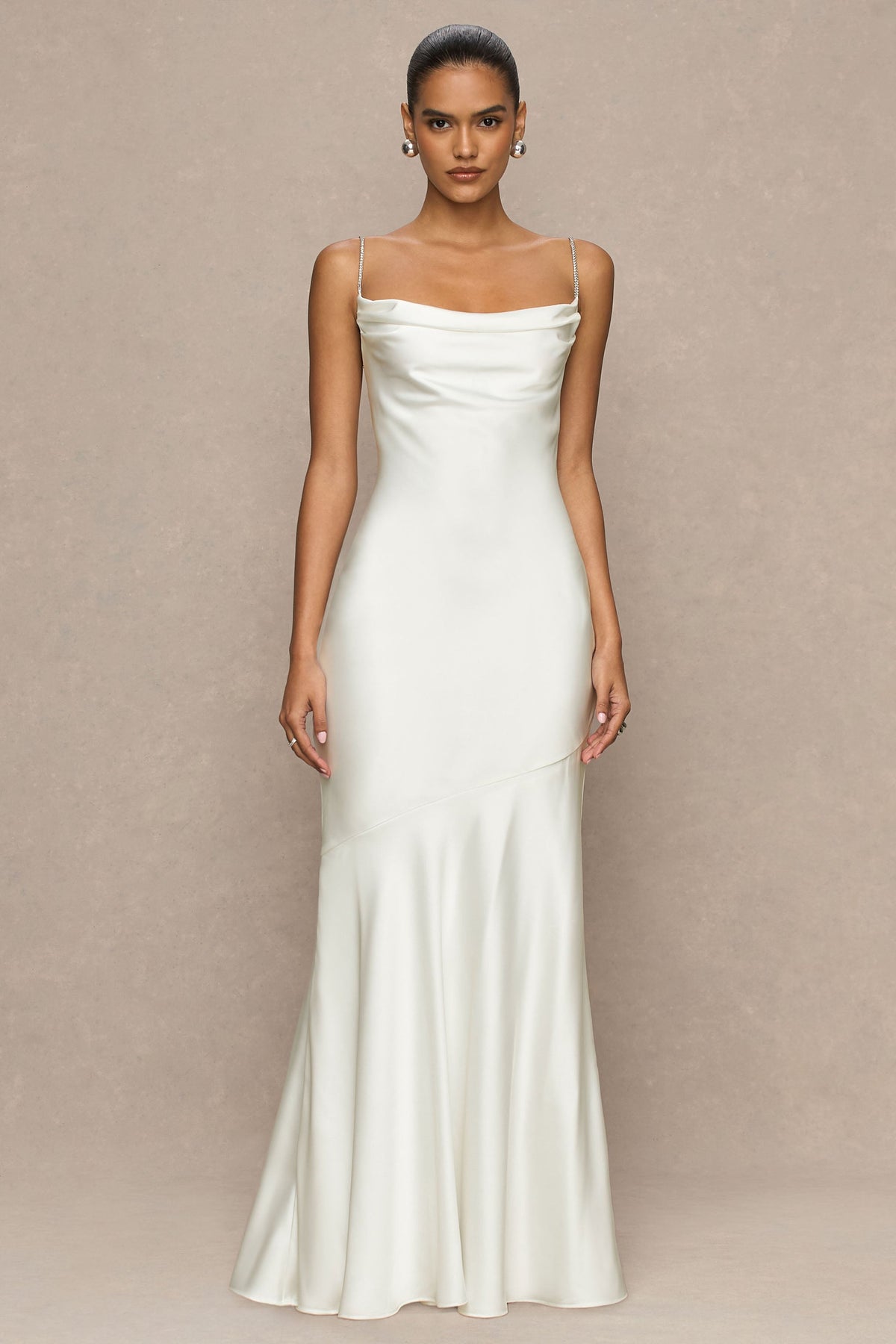Maelia | Cream Satin Cowl-Neck Maxi Dress With Diamante Straps